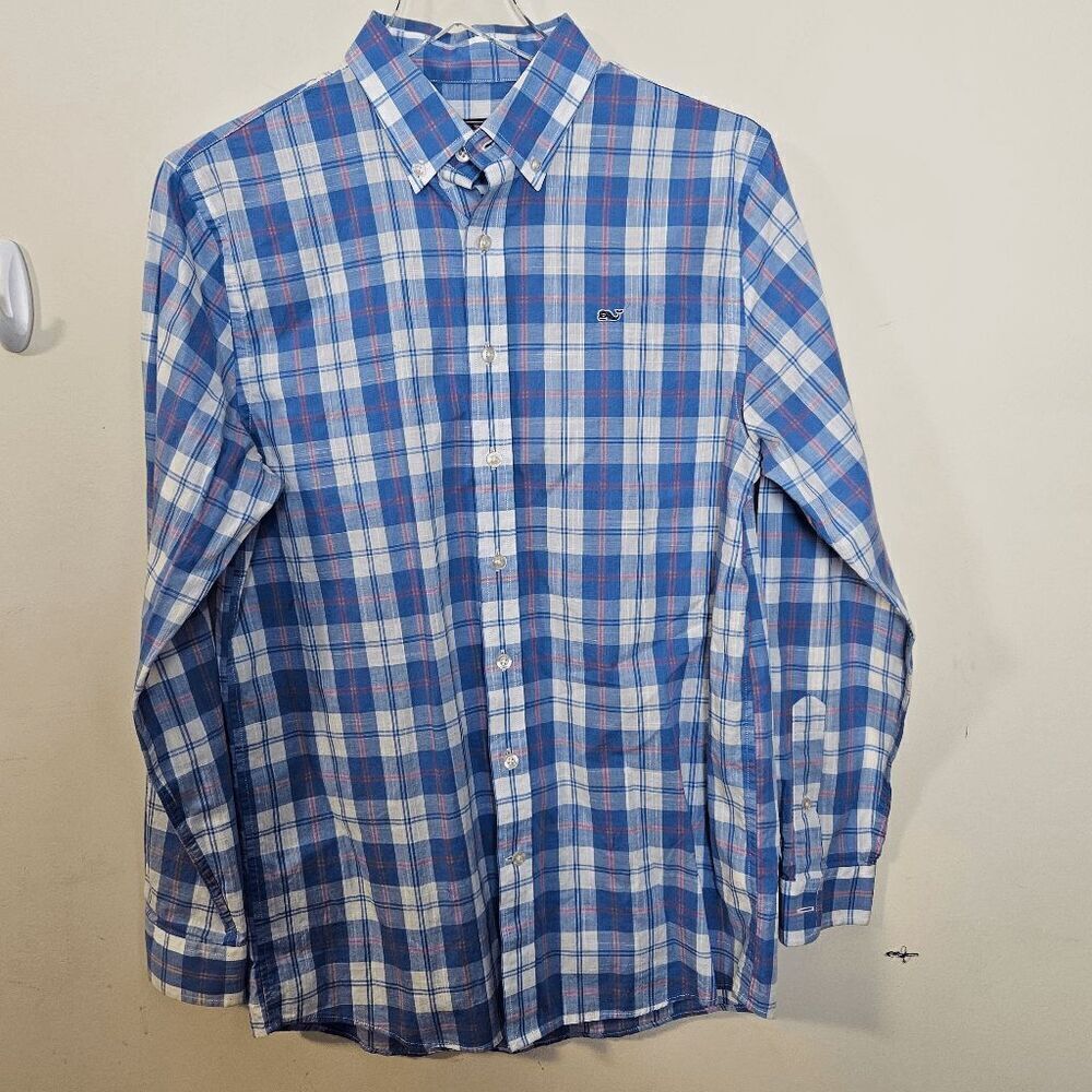 Vineyard Vines Classic Button Down 100% Cotton Plaid Whale Shirt Men's Blue/Whit